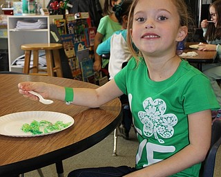 Neighbors | Abby Slanker.A C.H. Campbell Elementary School kindergartener enjoyed eating the green eggs and ham her teacher, Tammy Sabrin, made for her class in honor of “Green Eggs and Ham” by Dr. Seuss. The kindergartners celebrated Dr. Seuss’ birthday with a week full of fun activities.