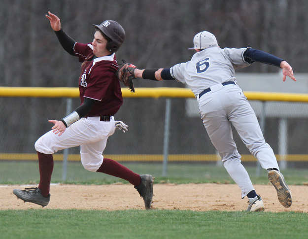 William D Lewis The Vindicator  Boardman's Dom Stilliana(7) is tagged by Fitch 3rd basemanNick Desalvo(6) during 2-30-17 game at Boardman.