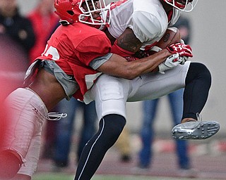 YOUNGSTOWN, OHIO - MARCH 31, 2017: Receiver Solomon Warfield #14, white, catches a pass while being hit from behind by defensive back Darius Hall #22, red, during practice Friday afternoon at the Watts training facility. DAVID DERMER | THE VINDICATOR