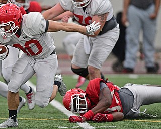 YOUNGSTOWN, OHIO - MARCH 31, 2017: running back Joe Alessi #30, white, breaks free from defensive end Johnson Louigene #33, red, during practice Friday afternoon at the Watts training facility. DAVID DERMER | THE VINDICATOR