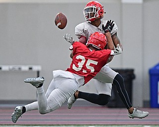 YOUNGSTOWN, OHIO - MARCH 31, 2017: Receiver Solomon Warfield #14, white, reaches for the football while linebacker Christiaan Randall-Posey #35, red, breaks up the pass during practice Friday afternoon at the Watts training facility. DAVID DERMER | THE VINDICATOR