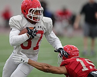 YOUNGSTOWN, OHIO - MARCH 31, 2017: Running back Tevin McCaster #37, red, runs the football while running through the arm tackle of defensive back Avery Larkin #15, red, during practice Friday afternoon at the Watts training facility. DAVID DERMER | THE VINDICATOR
