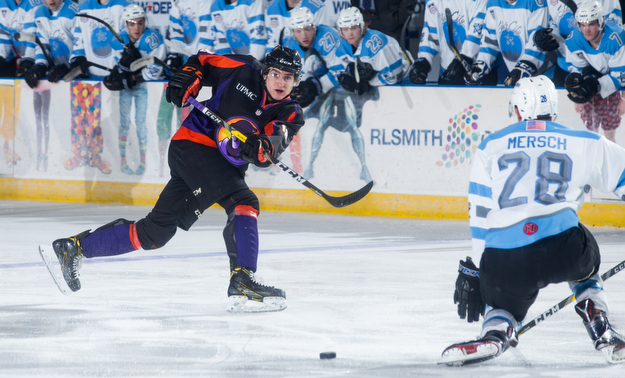 Scott R. Galvin | The Vindicator.Youngstown Phantoms defenseman Dominic Dockery (18) takes a shot on net during the first period against the Lincoln Stars at the Covelli Centre on April 1, 2017...