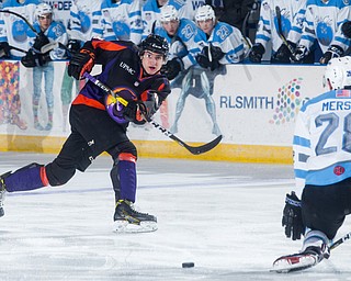 Scott R. Galvin | The Vindicator.Youngstown Phantoms defenseman Dominic Dockery (18) takes a shot on net during the first period against the Lincoln Stars at the Covelli Centre on April 1, 2017...