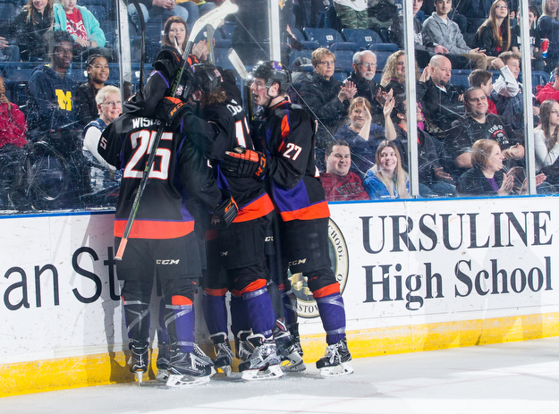 Scott R. Galvin | The Vindicator.The Youngstown Phantoms celebrate their second period goal against the Lincoln Stars at the Covelli Centre on April 1, 2017...