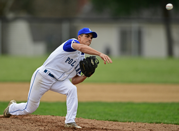 POLAND, OHIO - APRIL 3, 2017: Starting pitcher Dan Drummond #2 of Poland delivers in the second inning of Monday nights game at Poland High School. DAVID DERMER | THE VINDICATOR