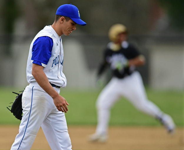 POLAND, OHIO - APRIL 3, 2017: Starting pitcher Dan Drummond #2 of Poland shows his frustration after allowing a solo home run Grant Williams in the second inning of Monday nights game at Poland High School. DAVID DERMER | THE VINDICATOR