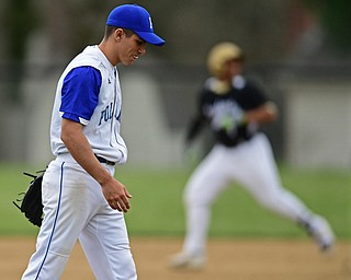 POLAND, OHIO - APRIL 3, 2017: Starting pitcher Dan Drummond #2 of Poland shows his frustration after allowing a solo home run Grant Williams in the second inning of Monday nights game at Poland High School. DAVID DERMER | THE VINDICATOR