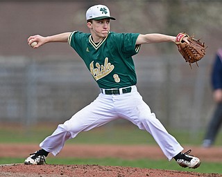 STRUTHERS, OHIO - APRIL 4, 2017: Starting pitcher Carmen Cavalier #8 of Ursuline delivers in the second inning of Tuesday nights game at Cene Park. Mooney won 10-6. DAVID DERMER | THE VINDICATOR