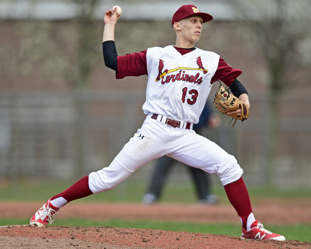 STRUTHERS, OHIO - APRIL 4, 2017: Starting pitcher John Mikos #13 of Mooney delivers in the third inning of Tuesday nights game at Cene Park. Mooney won 10-6. DAVID DERMER | THE VINDICATOR