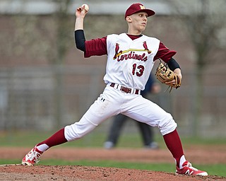 STRUTHERS, OHIO - APRIL 4, 2017: Starting pitcher John Mikos #13 of Mooney delivers in the third inning of Tuesday nights game at Cene Park. Mooney won 10-6. DAVID DERMER | THE VINDICATOR