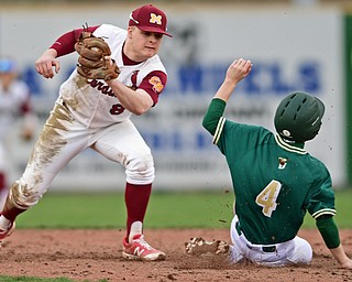 STRUTHERS, OHIO - APRIL 4, 2017: Colin Balas #4 of Ursuline steals second base beating the tag from short stop Bryce Richey #8 of Mooney in the fourth inning of Tuesday nights game at Cene Park. Mooney won 10-6. DAVID DERMER | THE VINDICATOR