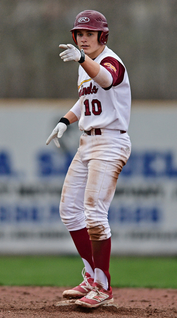 STRUTHERS, OHIO - APRIL 4, 2017: Dom Pecchia #10 of Mooney points to the dugout after a RBI double in the sixth inning of Tuesday nights game at Cene Park. Mooney won 10-6. DAVID DERMER | THE VINDICATOR