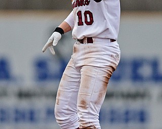 STRUTHERS, OHIO - APRIL 4, 2017: Dom Pecchia #10 of Mooney points to the dugout after a RBI double in the sixth inning of Tuesday nights game at Cene Park. Mooney won 10-6. DAVID DERMER | THE VINDICATOR