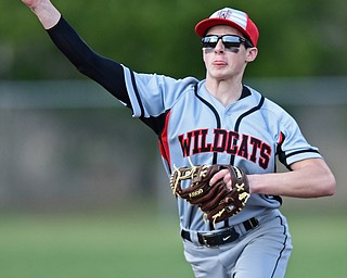STRUTHERS, OHIO - MARCH 27, 2017: Second basemen Chad Laczcko #8 of Struthers throws to first for the out in the third inning of Monday nights game at Cene Park. DAVID DERMER | THE VINDICATOR