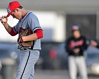 STRUTHERS, OHIO - MARCH 27, 2017: Relief pitcher Anthony Monaco #6 of Struthers shows his frustration after walking in a run with the bases loaded in the fourth inning of Monday nights game at Cene Park. DAVID DERMER | THE VINDICATOR