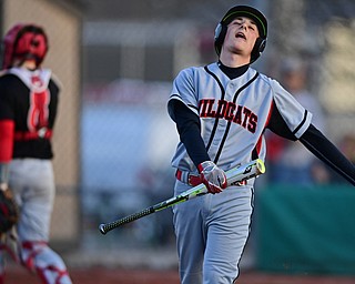 STRUTHERS, OHIO - MARCH 27, 2017: Mike Clemente #11 of Struthers shows his frustration after striking out to end the fifth inning of Monday nights game at Cene Park. DAVID DERMER | THE VINDICATOR