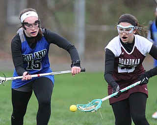 William d Lewis the vindicator Poland's Olivia Barrett(15)  Boardman's Lilly Essad(23)) go for the ball during 4-6-17 action at Poland