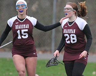 William d Lewis the vindicator Baordman's Alexis Phillips(28) gets congrats from Lindsay O'Nesti(15)  after scoring during 4-6-17 action at Poland