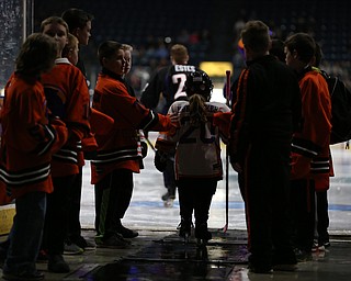 A young player waits to take the ice before the USA Hockey's National Team takes on the Youngstown Phantoms , Friday, April 7, 2017 at The Covelli Centre. ..(Nikos Frazier | The Vindicator)..