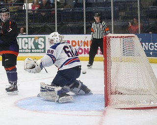 Team USA goalie Anthony Yamnitsky(60) misses the puck during the 1st period as the USA Hockey's National Team takes on the Youngstown Phantoms , Friday, April 7, 2017 at The Covelli Centre. The goal was not good...(Nikos Frazier | The Vindicator)..