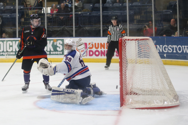 Team USA goalie Anthony Yamnitsky(60) misses the puck during the 1st period as the USA Hockey's National Team takes on the Youngstown Phantoms , Friday, April 7, 2017 at The Covelli Centre. The goal was not good...(Nikos Frazier | The Vindicator)..