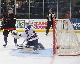 Team USA goalie Anthony Yamnitsky(60) misses the puck during the 1st period as the USA Hockey's National Team takes on the Youngstown Phantoms , Friday, April 7, 2017 at The Covelli Centre. The goal was not good...(Nikos Frazier | The Vindicator)..