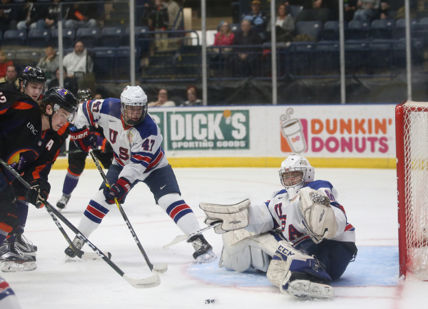 Team USA goalie Anthony Yamnitsky(60) misses the save during the 1st period as the USA Hockey's National Team takes on the Youngstown Phantoms , Friday, April 7, 2017 at The Covelli Centre. ..(Nikos Frazier | The Vindicator)..