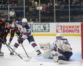 Team USA goalie Anthony Yamnitsky(60) misses the save during the 1st period as the USA Hockey's National Team takes on the Youngstown Phantoms , Friday, April 7, 2017 at The Covelli Centre. ..(Nikos Frazier | The Vindicator)..