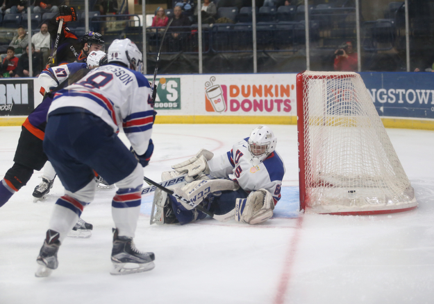 Team USA goalie Anthony Yamnitsky(60) misses the save during the 1st period as the USA Hockey's National Team takes on the Youngstown Phantoms , Friday, April 7, 2017 at The Covelli Centre. ..(Nikos Frazier | The Vindicator)..