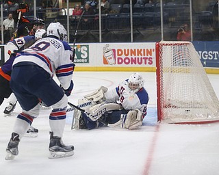 Team USA goalie Anthony Yamnitsky(60) misses the save during the 1st period as the USA Hockey's National Team takes on the Youngstown Phantoms , Friday, April 7, 2017 at The Covelli Centre. ..(Nikos Frazier | The Vindicator)..