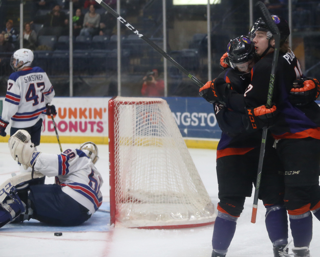 Phantoms forward Austin Pooley(12) celebrates after a goal during the 1st period as the USA Hockey's National Team takes on the Youngstown Phantoms , Friday, April 7, 2017 at The Covelli Centre. ..(Nikos Frazier | The Vindicator)..