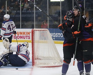 Phantoms forward Austin Pooley(12) celebrates after a goal during the 1st period as the USA Hockey's National Team takes on the Youngstown Phantoms , Friday, April 7, 2017 at The Covelli Centre. ..(Nikos Frazier | The Vindicator)..