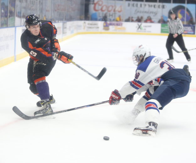 Phantoms forward Nicolas Werbik(13) shoots during the 1st period as the USA Hockey's National Team takes on the Youngstown Phantoms , Friday, April 7, 2017 at The Covelli Centre. ..(Nikos Frazier | The Vindicator)..