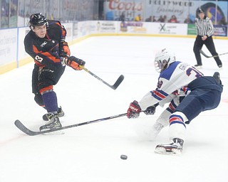 Phantoms forward Nicolas Werbik(13) shoots during the 1st period as the USA Hockey's National Team takes on the Youngstown Phantoms , Friday, April 7, 2017 at The Covelli Centre. ..(Nikos Frazier | The Vindicator)..