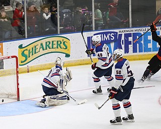 Phantoms forward Austin Pooley(12) celebrates after a goal during the 2nd period as the USA Hockey's National Team takes on the Youngstown Phantoms , Friday, April 7, 2017 at The Covelli Centre. ..(Nikos Frazier | The Vindicator)..