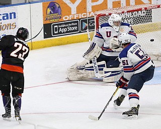 Phantoms forward Alex Esposito(23) shoots a goal during the 2nd period as the USA Hockey's National Team takes on the Youngstown Phantoms , Friday, April 7, 2017 at The Covelli Centre. ..(Nikos Frazier | The Vindicator)..