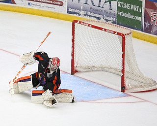 Phantoms goalie Ivan Kilbakov(31) makes a save during the 2nd period as the USA Hockey's National Team takes on the Youngstown Phantoms , Friday, April 7, 2017 at The Covelli Centre. ..(Nikos Frazier | The Vindicator)..