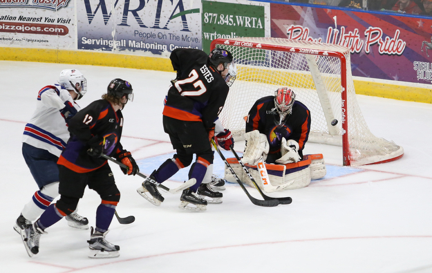 Phantoms goalie Ivan Kilbakov(31) makes a save during the 2nd period as the USA Hockey's National Team takes on the Youngstown Phantoms , Friday, April 7, 2017 at The Covelli Centre. ..(Nikos Frazier | The Vindicator)..