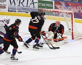 Phantoms goalie Ivan Kilbakov(31) makes a save during the 2nd period as the USA Hockey's National Team takes on the Youngstown Phantoms , Friday, April 7, 2017 at The Covelli Centre. ..(Nikos Frazier | The Vindicator)..