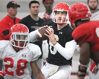 William D. Lewis The Vindicator YSU QB Hunter Wells(6) during 4-7-17 practice.