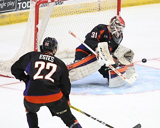 Phantoms goalie Ivan Kulbakov(31) makes a save during the 1st period as the USA Hockey's National Team takes on the Youngstown Phantoms, Saturday, April 8, 2017 at the Covelli Centre. The Phantoms won 3-0...(Nikos Frazier | The Vindicator)..