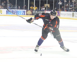 Phantoms forward Nicolas Werbik(13) puts a shot on goal during the 1st period as the USA Hockey's National Team takes on the Youngstown Phantoms, Saturday, April 8, 2017 at the Covelli Centre. The Phantoms won 3-0...(Nikos Frazier | The Vindicator)..
