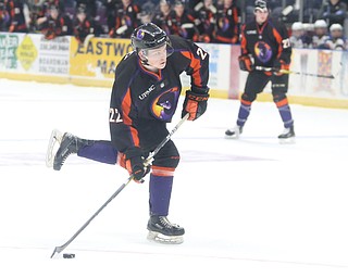 Phantoms defenseman Brandon Estes(22) puts a shot on goal during the 1st period as the USA Hockey's National Team takes on the Youngstown Phantoms, Saturday, April 8, 2017 at the Covelli Centre. The Phantoms won 3-0...(Nikos Frazier | The Vindicator)..