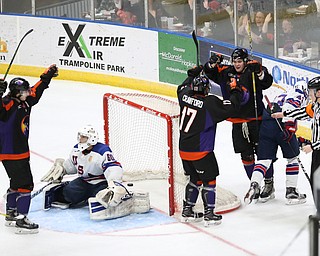 Phantoms forward Nicolas Werbik(13) celebrates a goal with forward Pierce Crawford(17) after Werkik assisted defenseman Jake Gingell's(15) shot to get past Team USA goalie Anthony Yamnitsky(60) for a goal during the 2nd period as the USA Hockey's National Team takes on the Youngstown Phantoms, Saturday, April 8, 2017 at the Covelli Centre. The Phantoms won 3-0...(Nikos Frazier | The Vindicator)..
