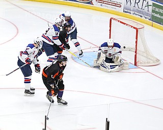 Phantoms forward Nicolas Werbik(13) scores a goal past Team USA goalie Anthony Yamnitsky(60) during the 3rd period as the USA Hockey's National Team takes on the Youngstown Phantoms, Saturday, April 8, 2017 at the Covelli Centre. The Phantoms won 3-0...(Nikos Frazier | The Vindicator)..