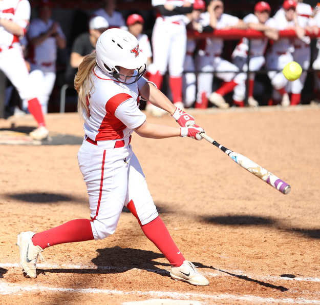Youngstown State outfielder Sarah Dowd(14) swings during the 4th inning as the the UIC Flames  take on the Youngstown Penguins, Saturday, April 8, 2017 at the YSU Softball Field. ..(Nikos Frazier | The Vindicator)..