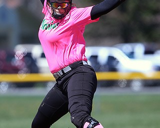 MICHAEL G TAYLOR | THE VINDICATOR- 04-08-17 -  Joanne Kernan Memorial (Irish Strikeout Cancer Softball Tournament) at Candlelite Knolls in Bazetta, OH., Champion Flashes vs West Branch Warriors. 1st inning, West Branch's #10 Kelsey Byers fires a pitch homeward.