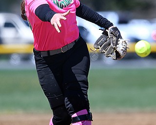MICHAEL G TAYLOR | THE VINDICATOR- 04-08-17 -  Joanne Kernan Memorial (Irish Strikeout Cancer Softball Tournament) at Candlelite Knolls in Bazetta, OH., Champion Flashes vs West Branch Warriors. 1st inning, West Branch's #10 Kelsey Byers fires a pitch homeward.