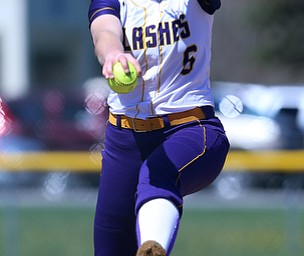 MICHAEL G TAYLOR | THE VINDICATOR- 04-08-17 -  Joanne Kernan Memorial (Irish Strikeout Cancer Softball Tournament) at Candlelite Knolls in Bazetta, OH., Champion Flashes vs West Branch Warriors. 1st inning, Champion's #6 Allison Smith fires a pitch homeward.